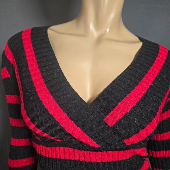 Y2K INC Striped Fitted Sweater Size XS Red Black Glitter Ribbed V Neck Emo - Picture 2 of 10